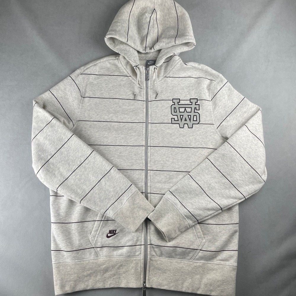 Nike Sportswear NSW Zip Up Hoodie Cream Black Stripe Logo Spell Out Casual Men L